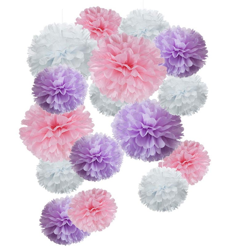 MOWO Paper Flower Tissue Pom Poms Baby Shower Party Favors (Pink,Purple,White,18pc) - Image 1